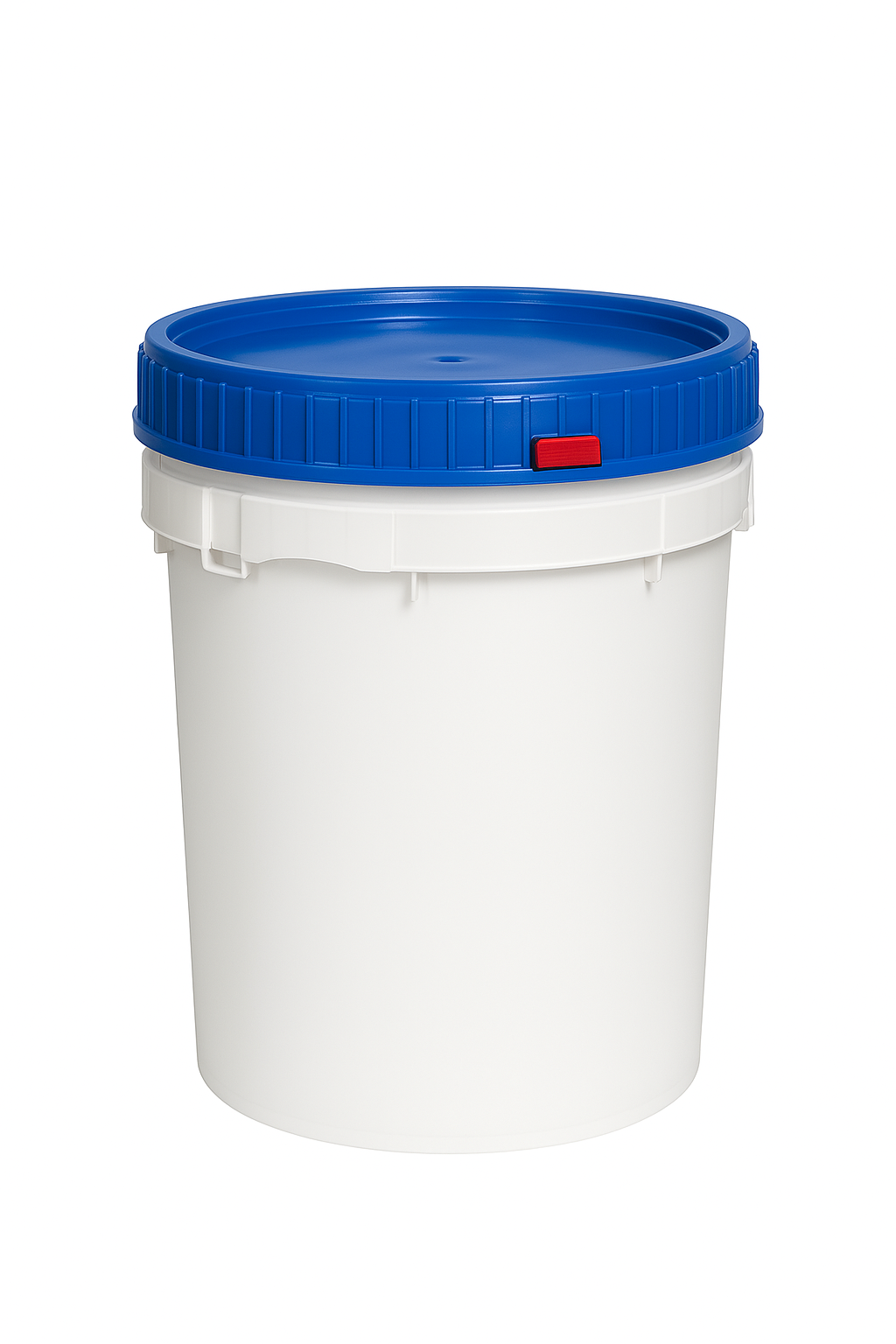 A large white plastic bucket with a blue screw-on lid and a small red tab, shown on a white background.