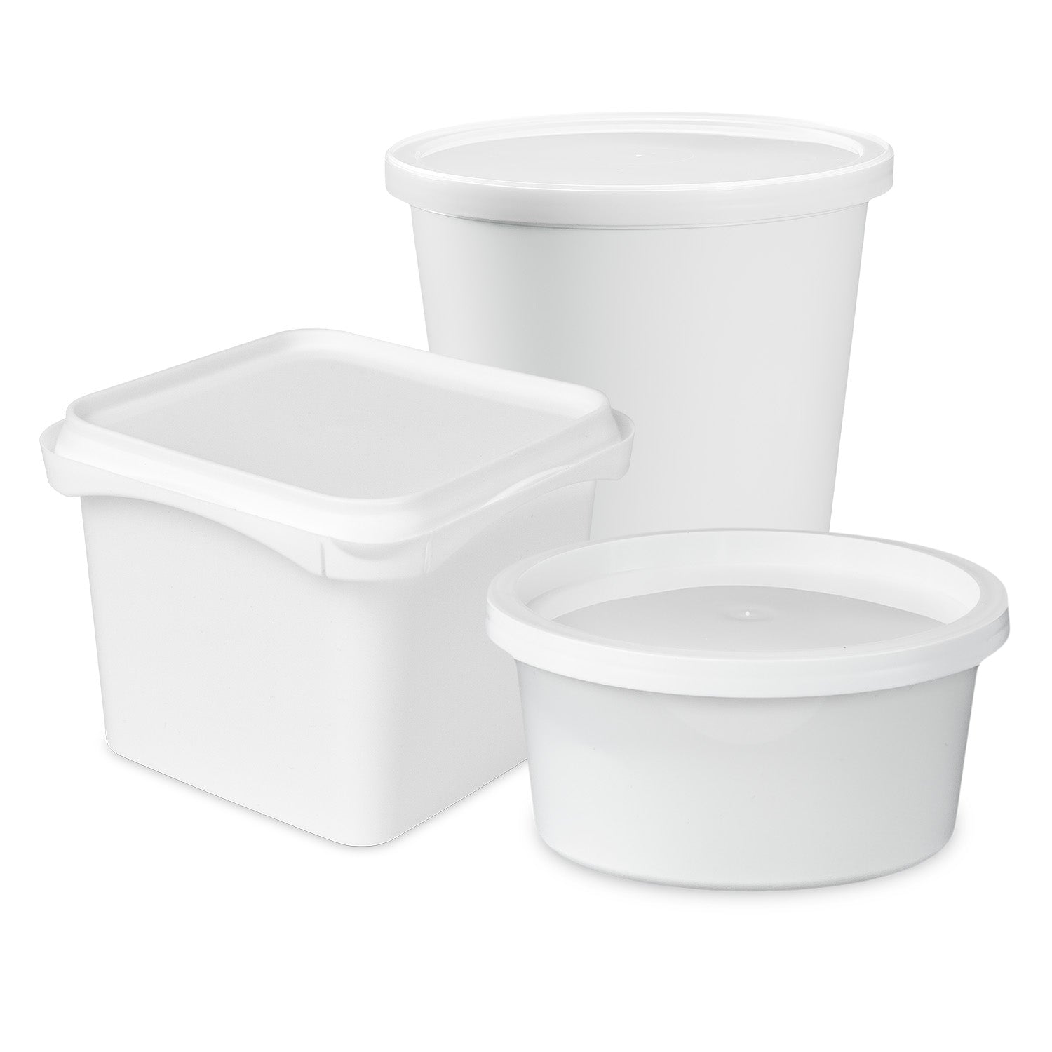 Three white plastic containers with lids, including one round tall container, one round shallow container, and one square container, displayed on a white background.
