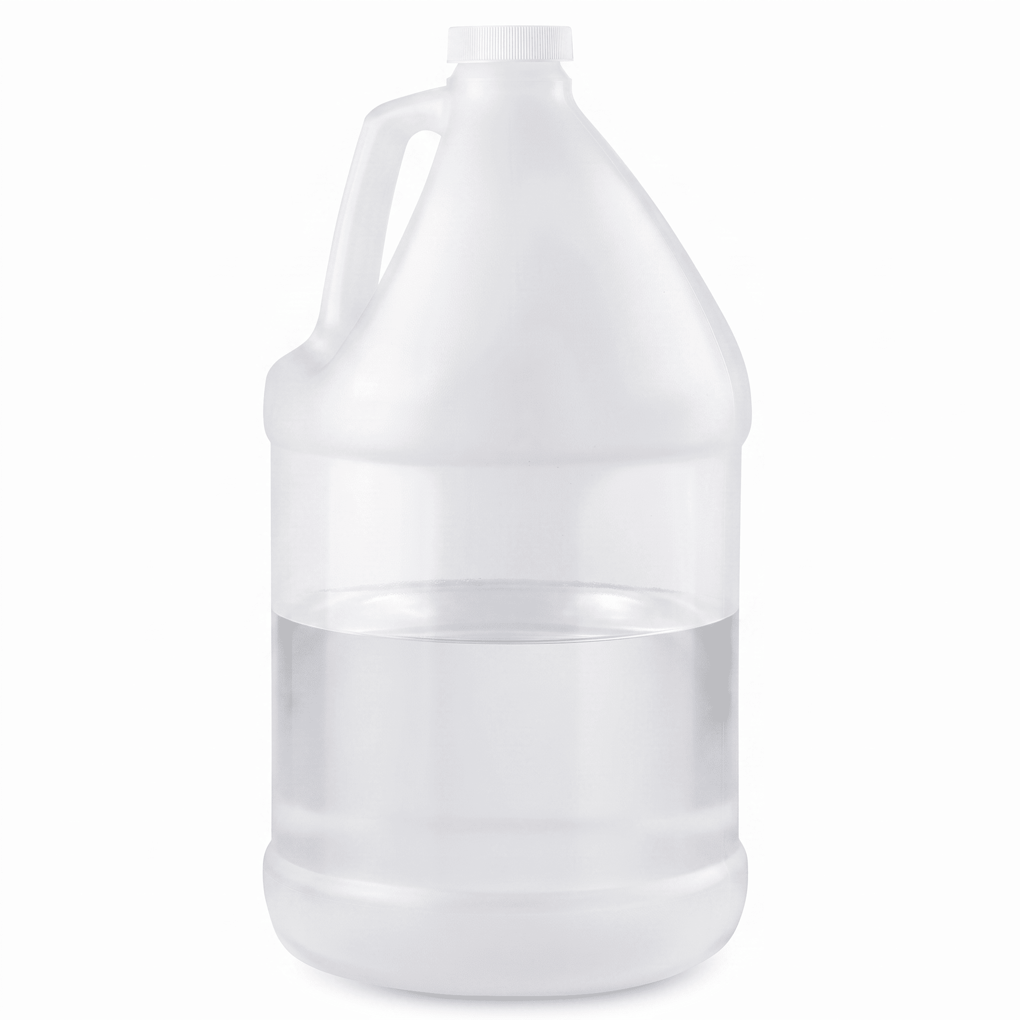 A partially filled clear plastic gallon jug with a white screw cap, containing a transparent liquid, is shown on a white background.