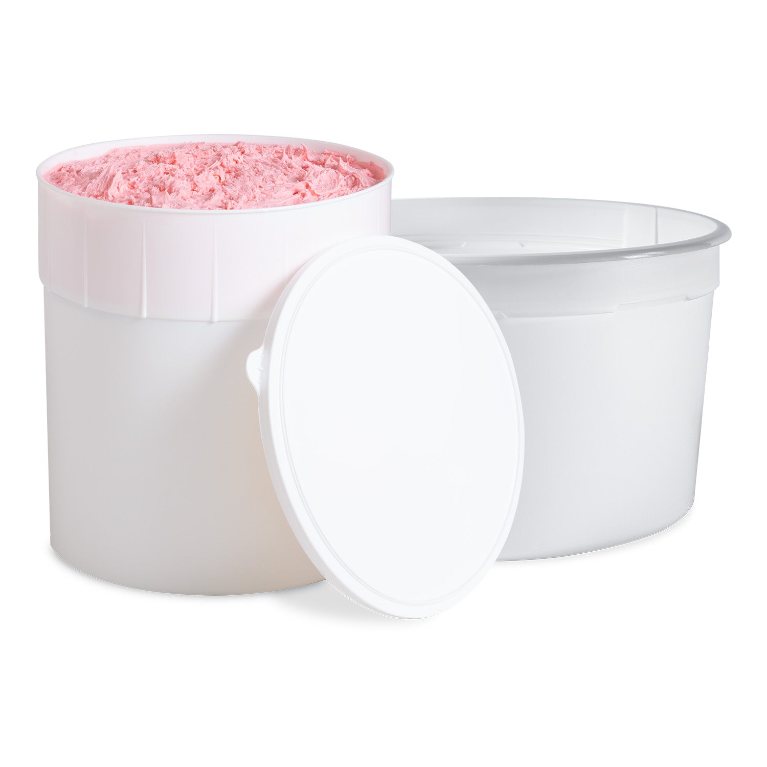 A large white plastic tub filled with pink ice cream or frozen dessert is shown with its lid off and an empty identical tub and lid beside it.