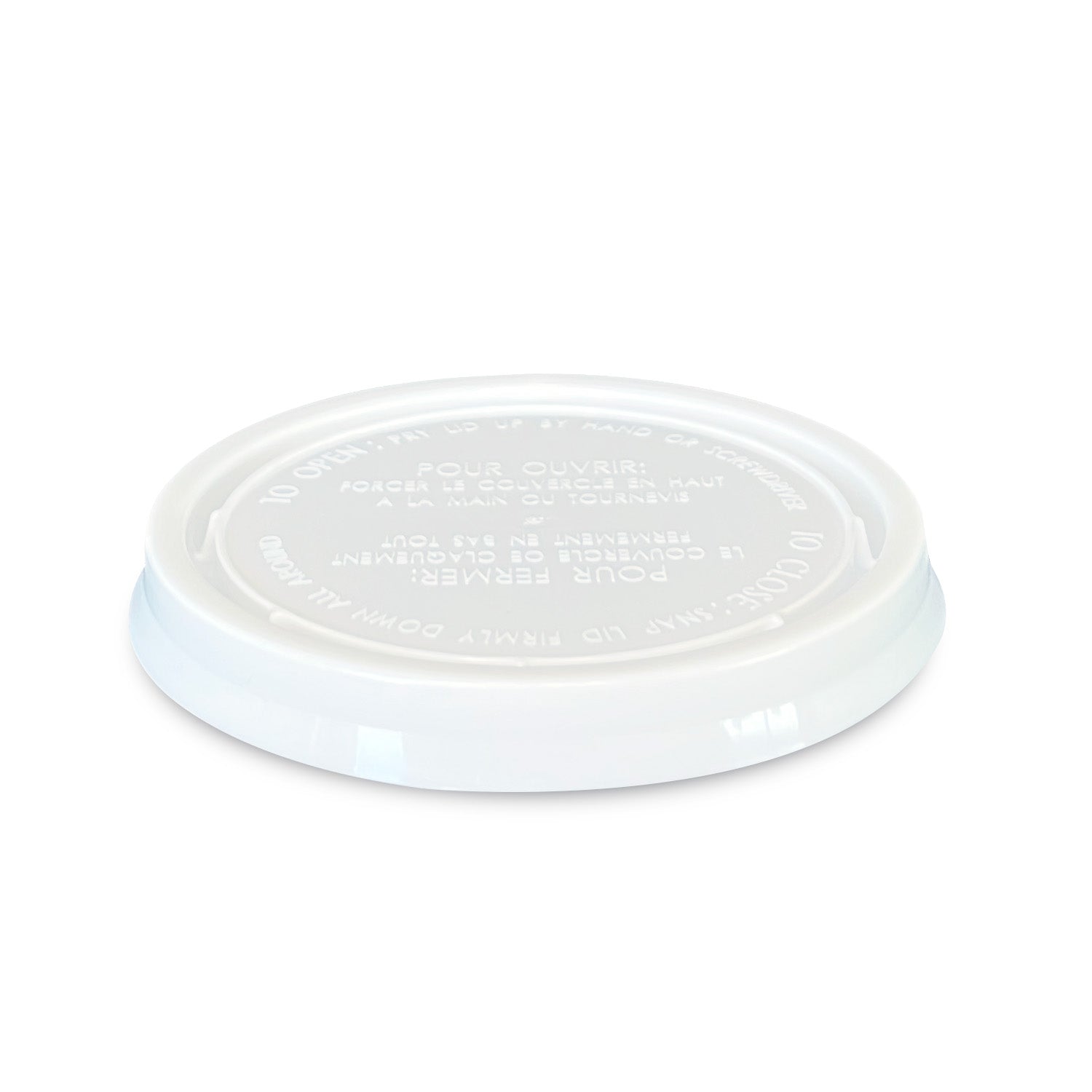 A white, round plastic lid with raised edges and embossed text, placed upside down on a white background.