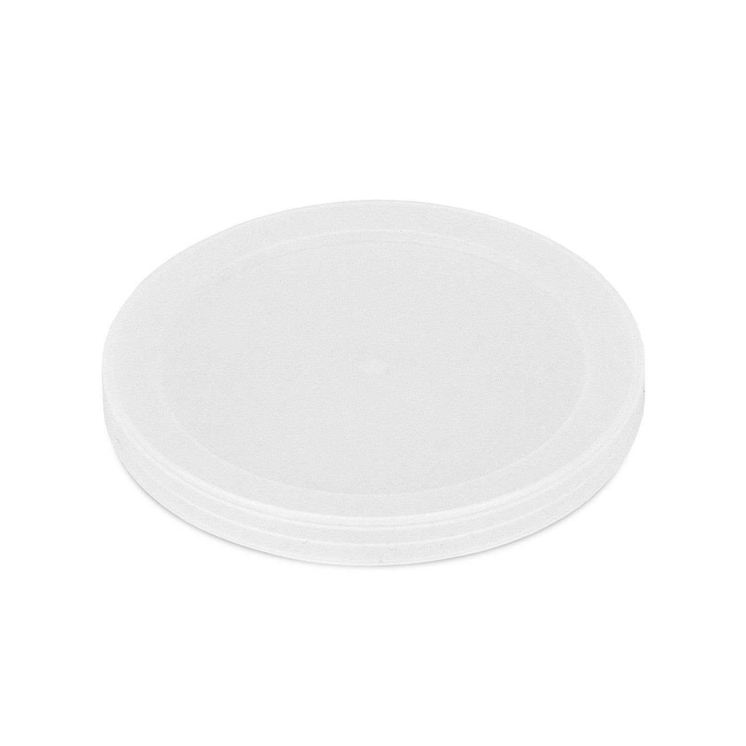 A round, flat, transparent plastic lid is shown on a white background.