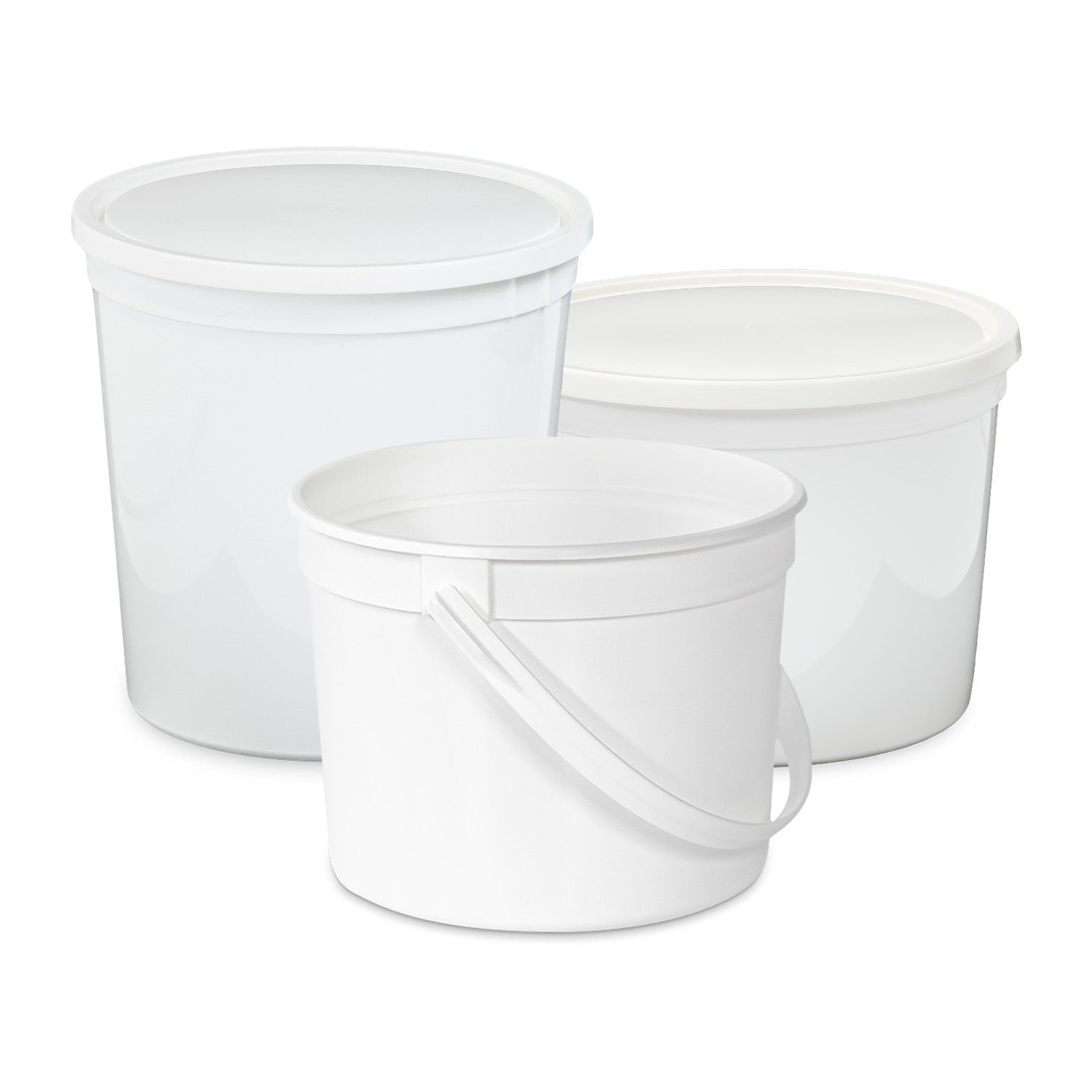 Three white plastic containers with lids are shown, two in the background and one in the front with a handle. The containers are plain and cylindrical, set against a white background.