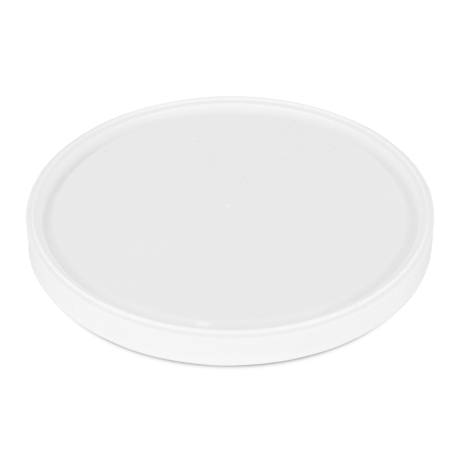 A plain, round, white plastic lid with a slightly raised edge, photographed on a white background.