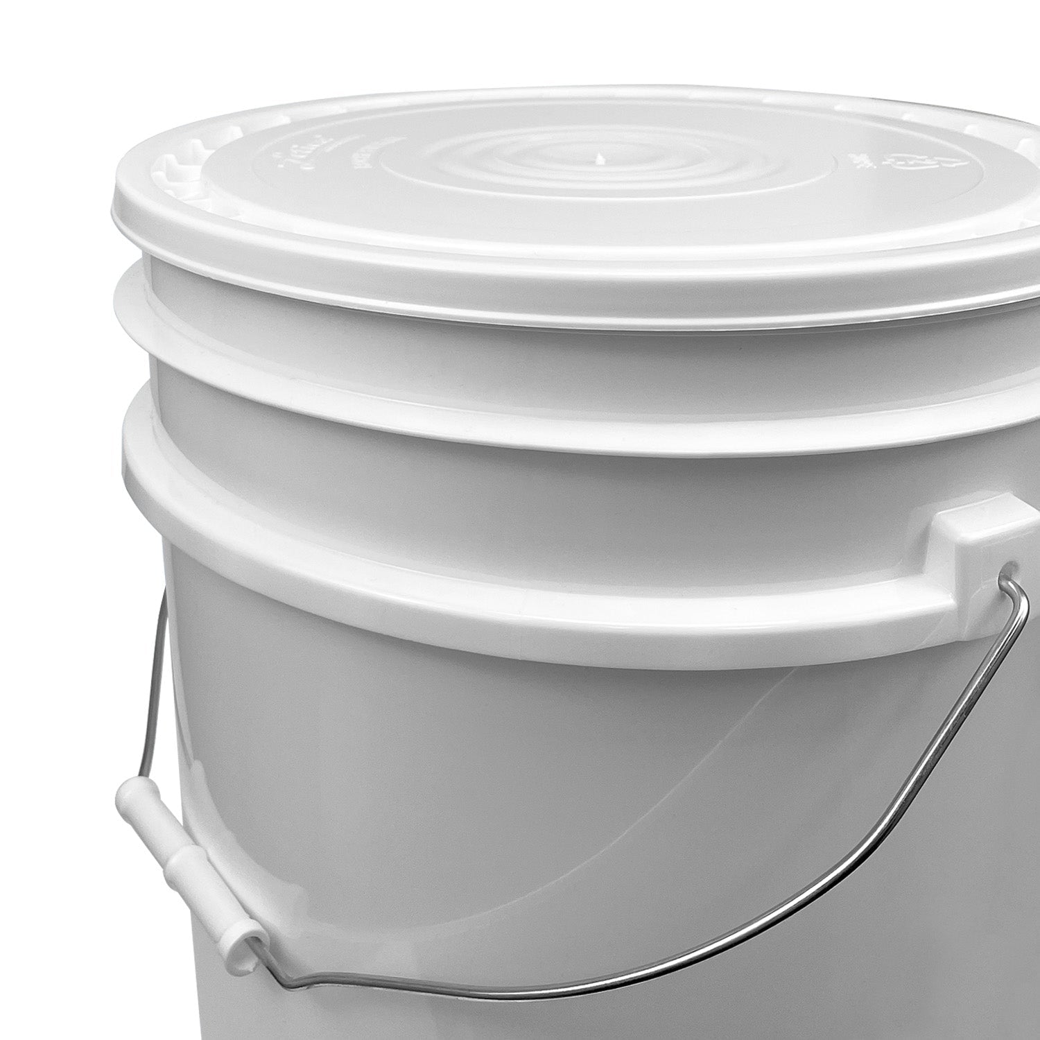 A close-up view of a white plastic bucket with a matching lid and a metal handle, set against a plain white background.
