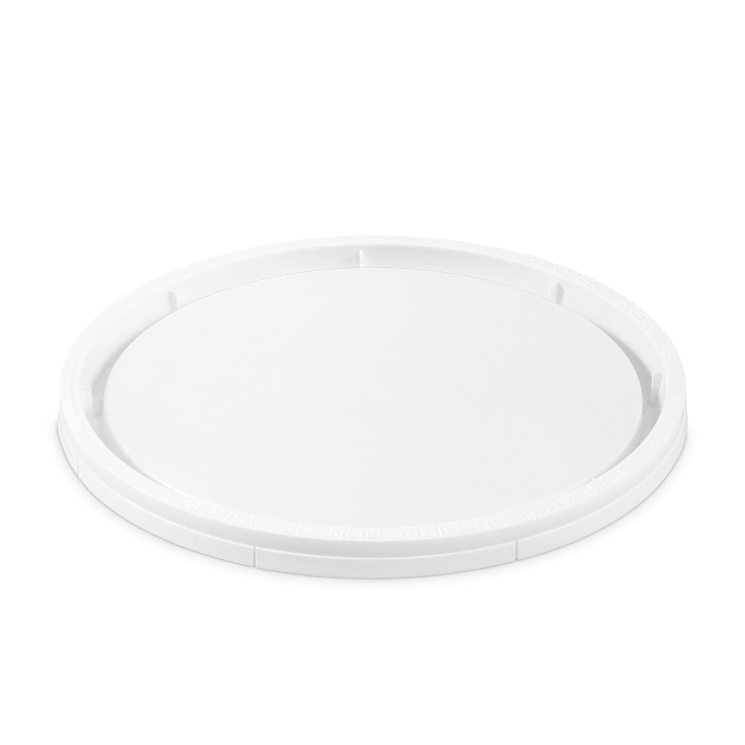 A white, round plastic lid is shown on a plain white background. The lid is flat with a slightly raised rim and has several small notches along the edge.