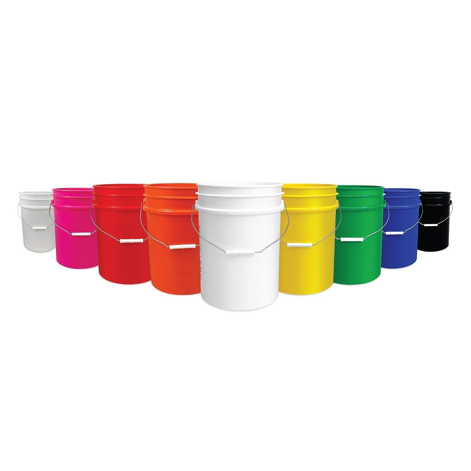 Nine plastic buckets in a row, each a different color: pink, gray, red, orange, white, yellow, green, blue, and black, all with metal handles, on a white background.