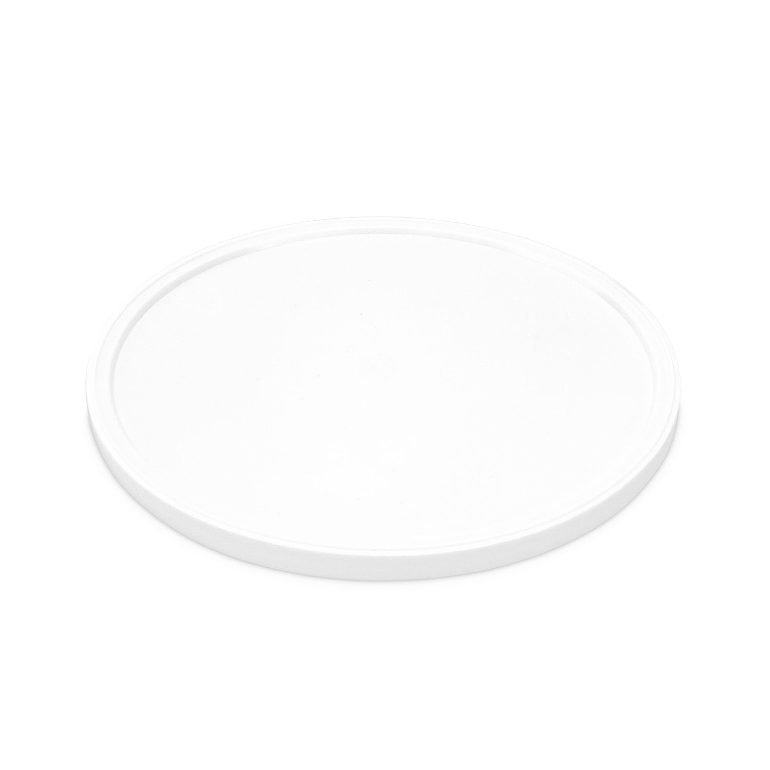 A plain, round, white plastic lid is shown lying flat on a white background.