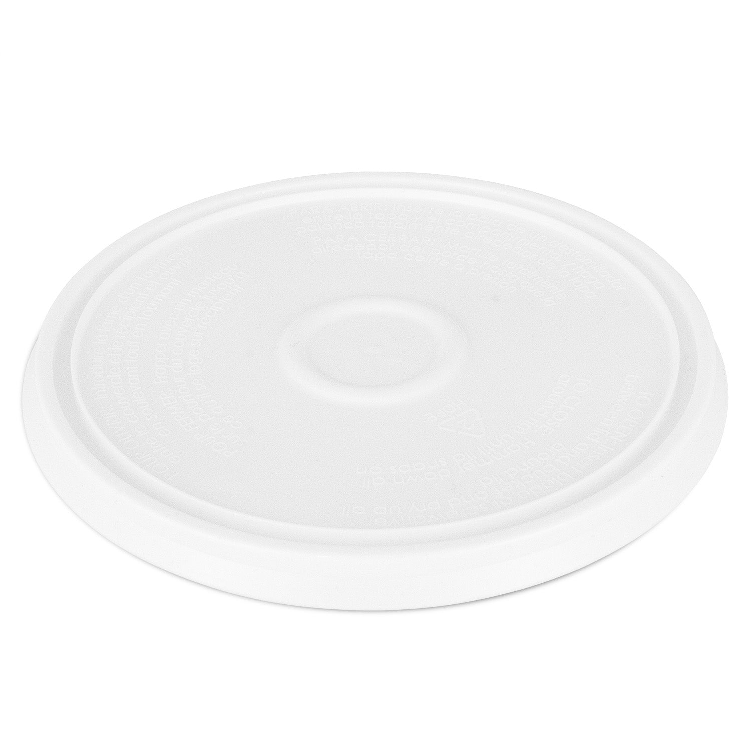A plain, round, white plastic lid with a slightly raised edge and subtle embossed text, shown on a white background.