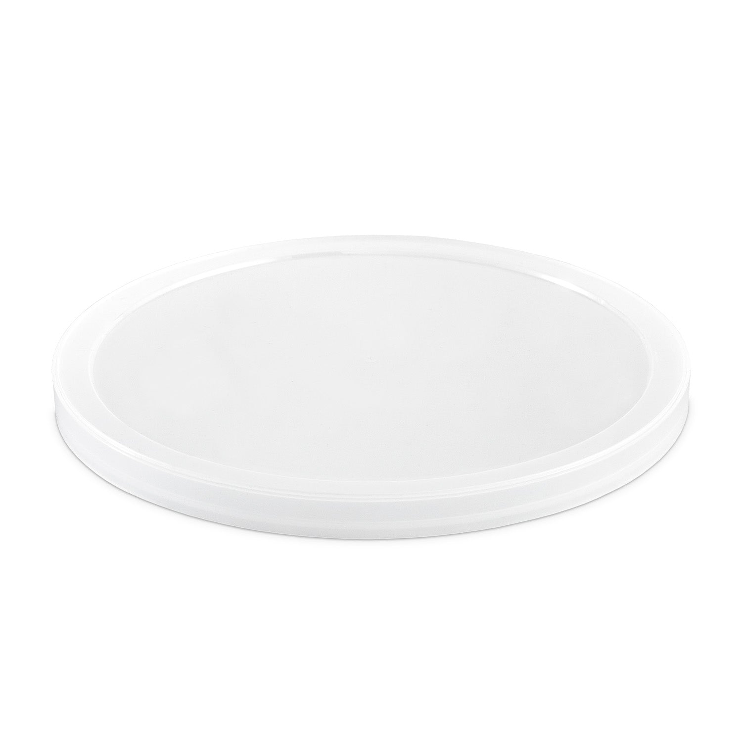 A plain, round, white plastic lid is shown on a white background, viewed from an angle slightly above the surface.