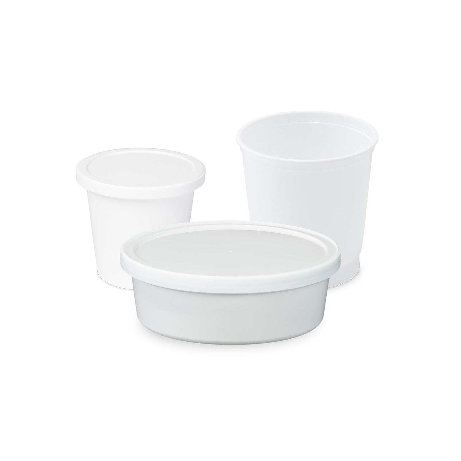 Three white plastic food containers with lids, including two round cups of different sizes and one shallow oval container, all placed on a white background.