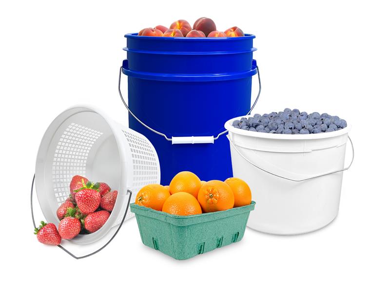 A variety of fruit containers: a blue bucket with apples, a white pail of blueberries, a green basket with oranges, and a tilted white basket holding strawberries, all on a white background.