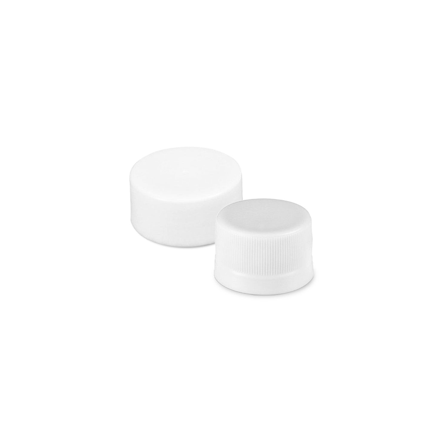 Two white plastic bottle caps are displayed on a plain white background; one cap is smooth and the other has a textured grip around the edge.