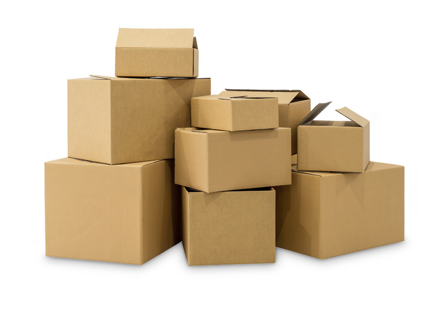 A group of brown cardboard boxes, some open and some closed, are stacked together on a white background.
