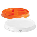 Two round plastic lids are shown: one is orange with three raised sections, and the other is white and flat with a smooth surface and small ridges along the rim.