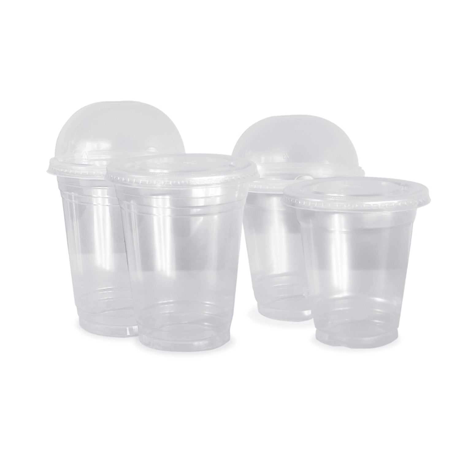 Four clear plastic cups with lids, two with dome-shaped lids and two with flat lids, are arranged in a group on a white background.