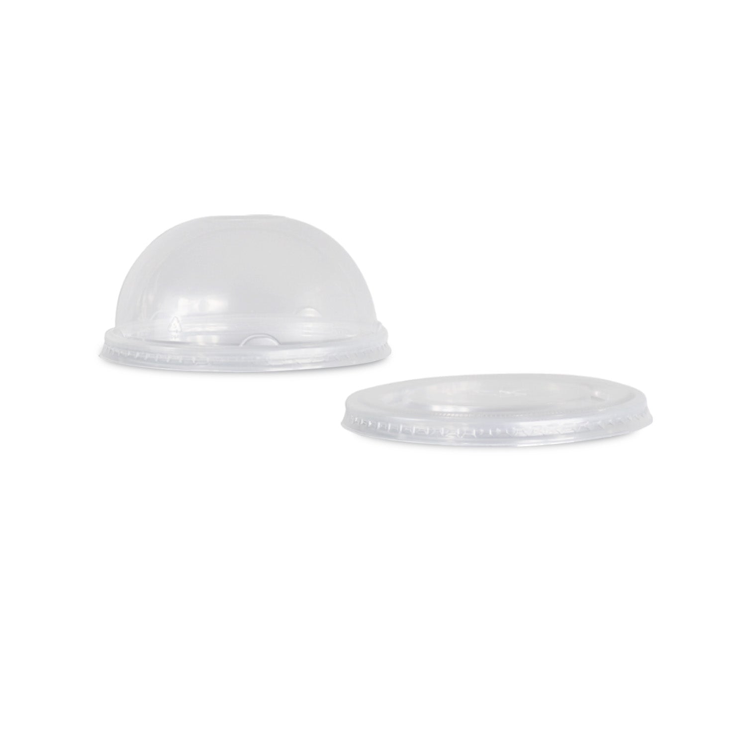 Two clear plastic cup lids are shown: one is dome-shaped and the other is flat, both placed on a white surface.