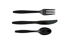 Three pieces of black plastic cutlery—a fork, a knife, and a spoon—are arranged horizontally on a white background.