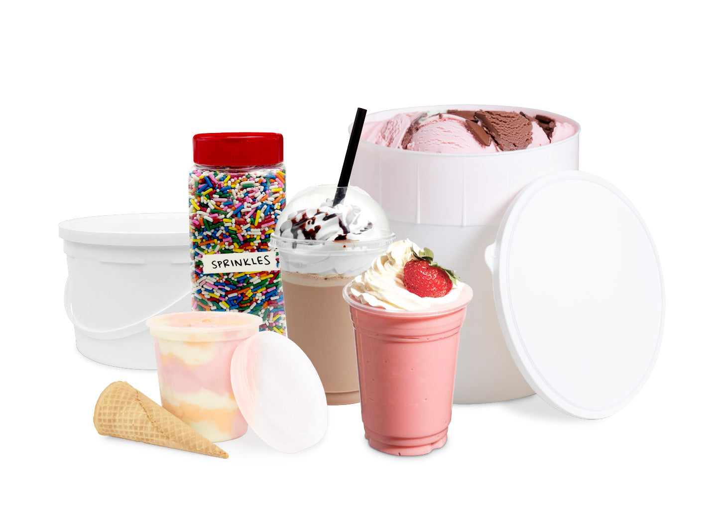 Assorted ice cream treats, including tubs of ice cream, a cone, a container of sprinkles, a milkshake with a strawberry, and a sundae with whipped cream and chocolate syrup.