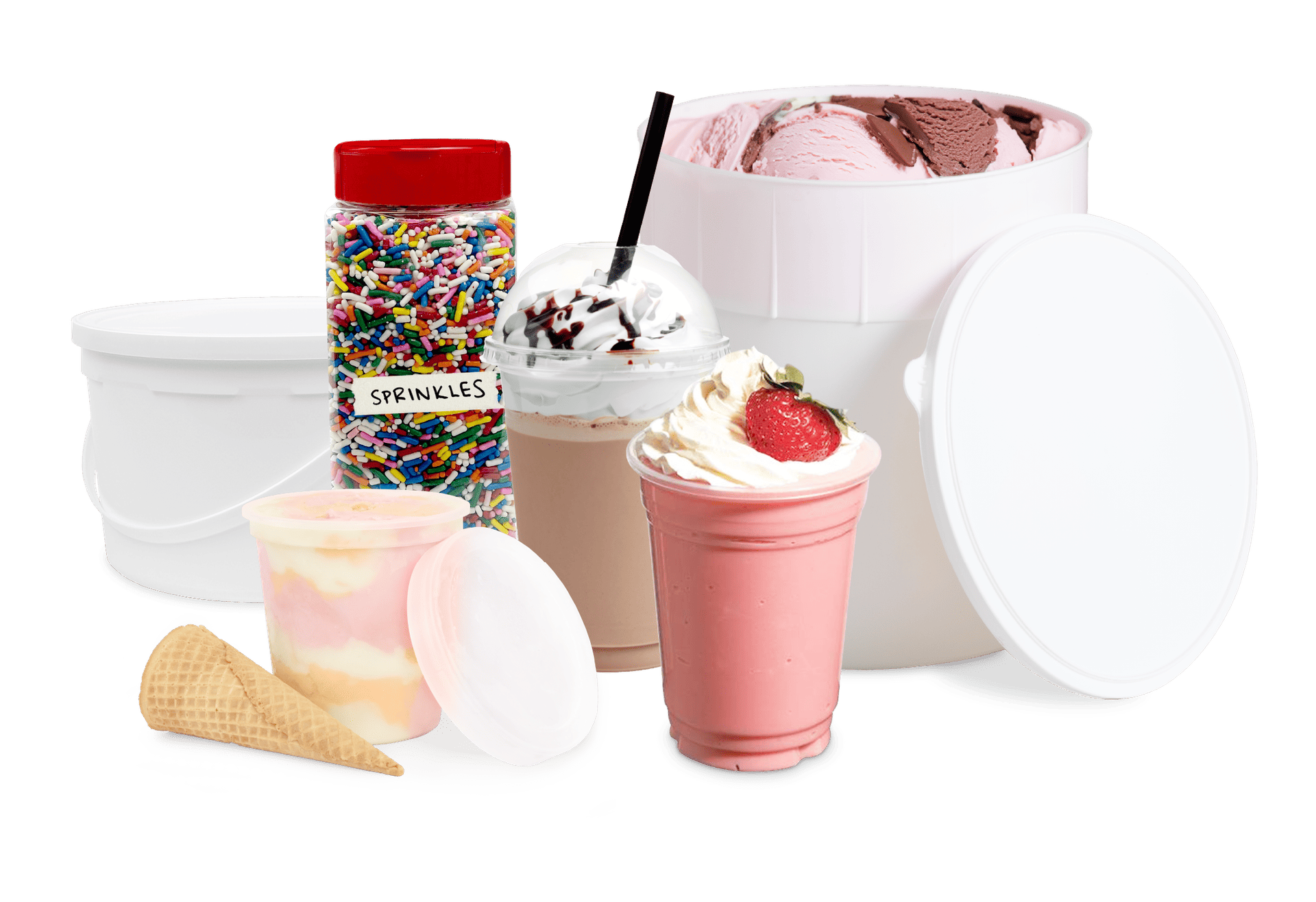 Assorted ice cream products including tubs, a cone, sprinkles, and milkshakes with whipped cream and a strawberry, all arranged on a white background.