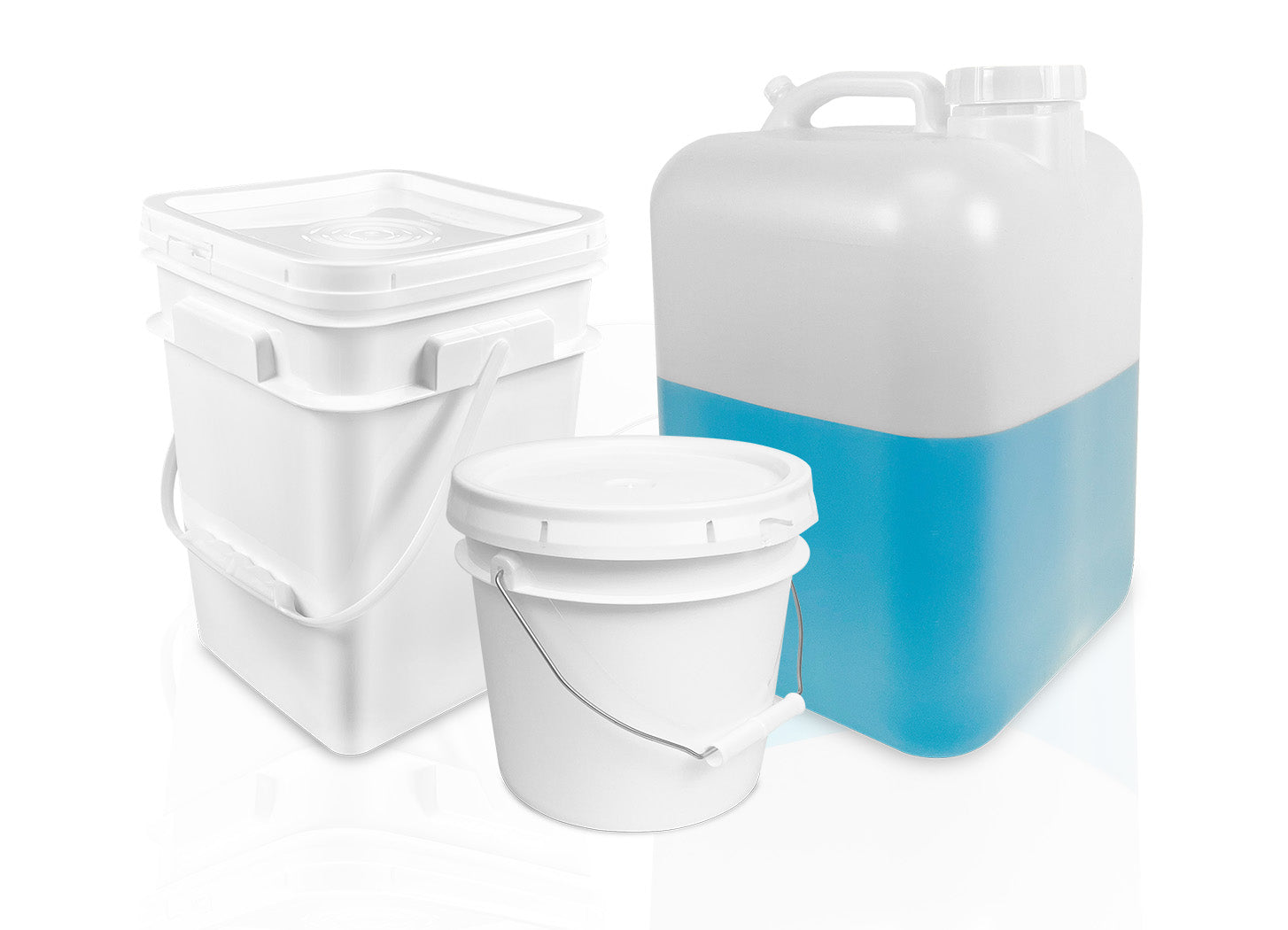 Three white plastic containers: a square pail with a handle and lid, a round bucket with a handle and lid, and a jerrycan half-filled with blue liquid.