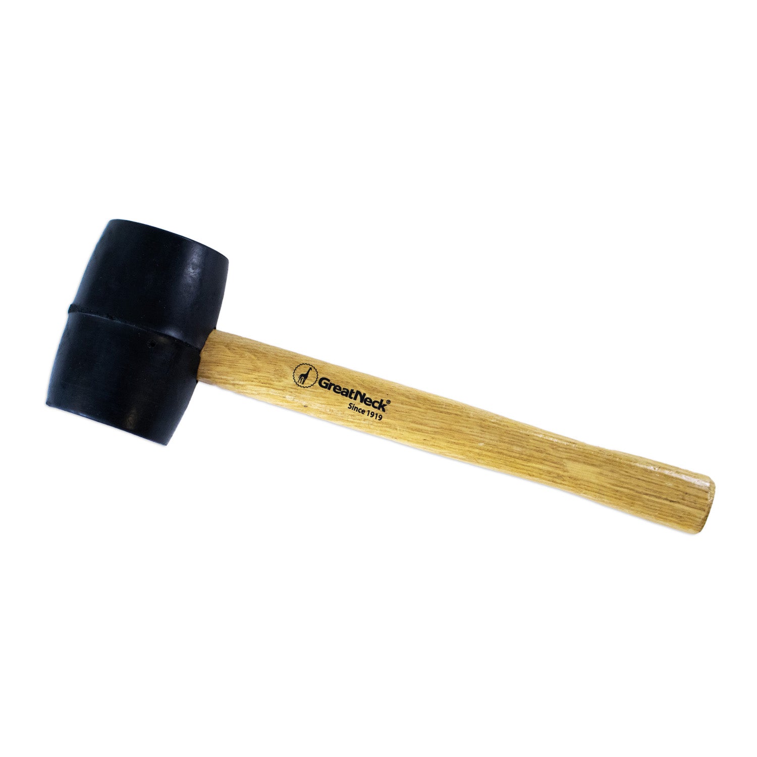 A black rubber mallet with a wooden handle, branded GreatNeck, displayed on a white background.
