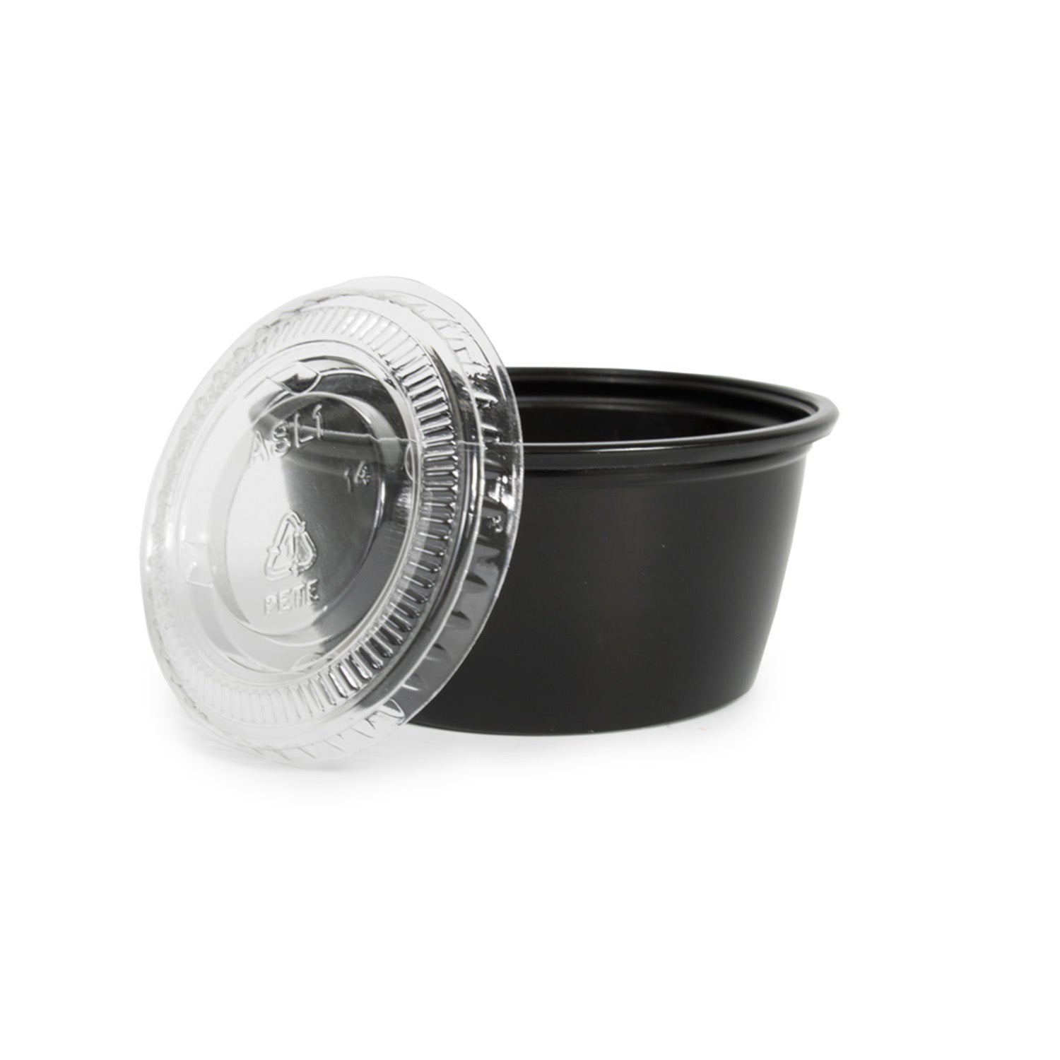 A small black plastic container with a clear, partially open lid, used for sauces or dressings, against a white background.
