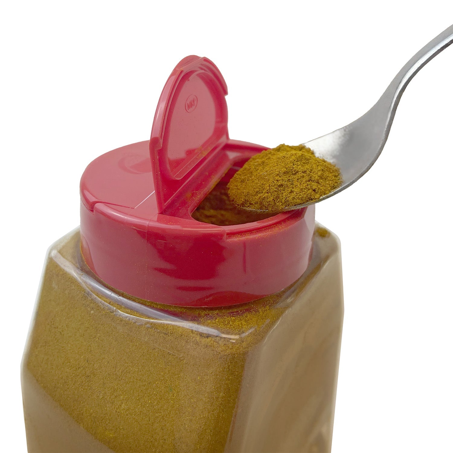 A spoon scooping ground spice from a plastic container with a red flip-top lid.