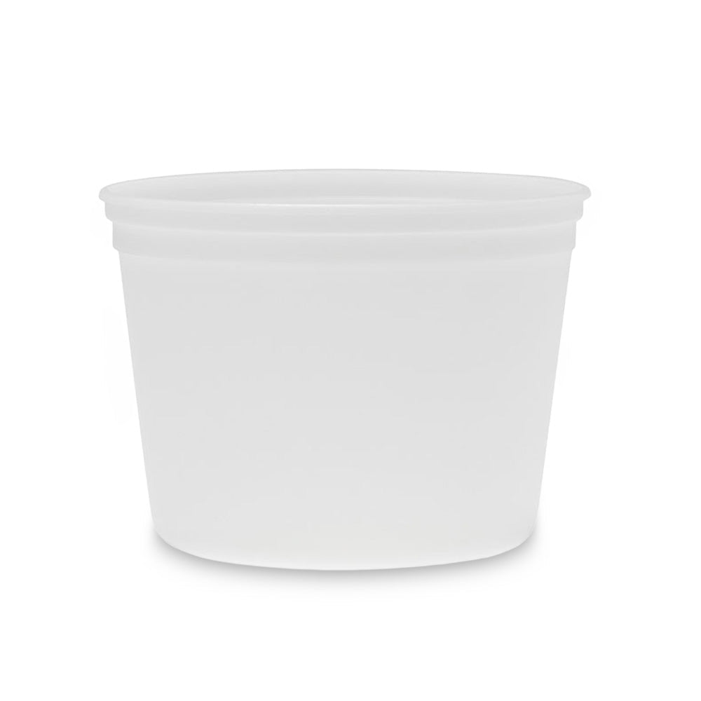 A plain, empty, white plastic container with a wide opening and smooth surface, photographed against a white background.