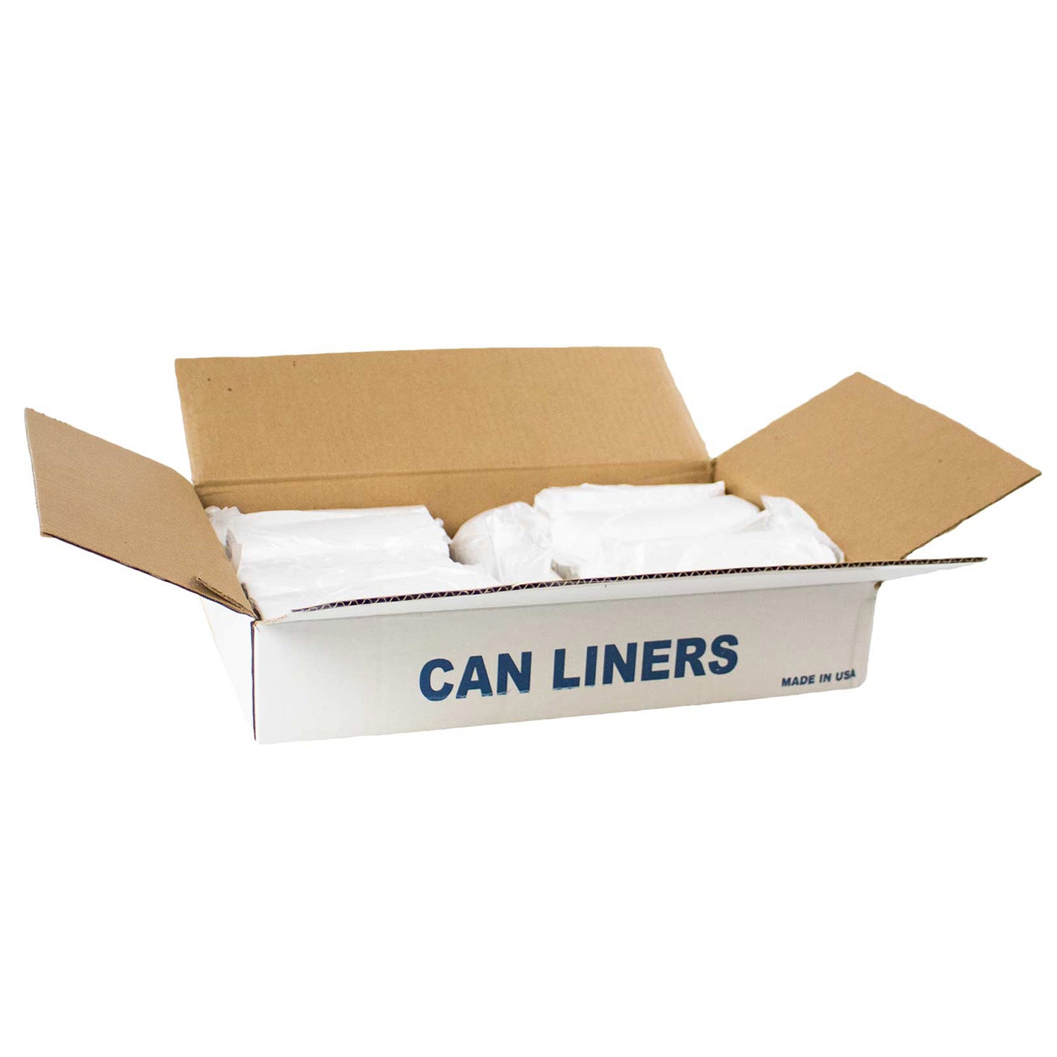 A cardboard box labeled CAN LINERS contains several rolls of white trash bags, with the box partially open and some rolls visible inside.