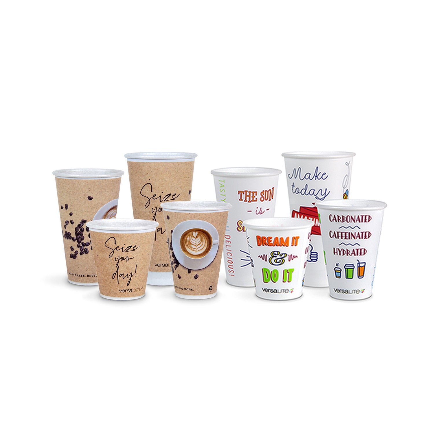 A group of eight disposable cups with various colorful designs and motivational phrases, such as Seize your day! and Dream it & do it, displayed on a white background.