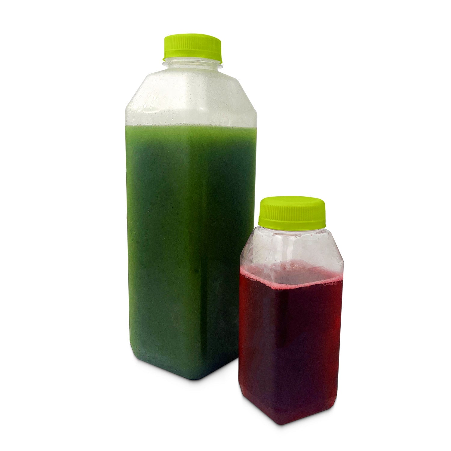 Two plastic bottles with green lids; the larger bottle contains a green liquid and the smaller bottle contains a red liquid, both set against a white background.