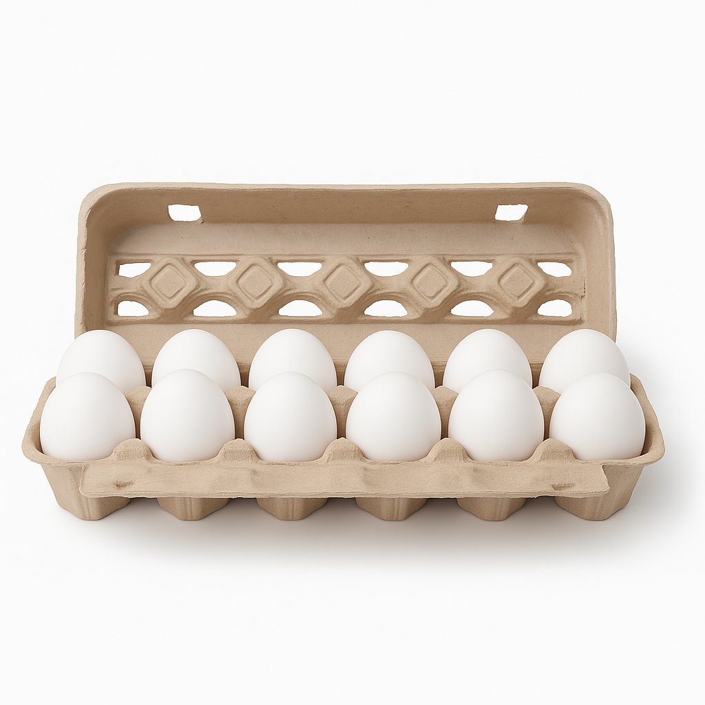 A carton of twelve white eggs arranged in a single row, with the carton lid open against a plain white background.