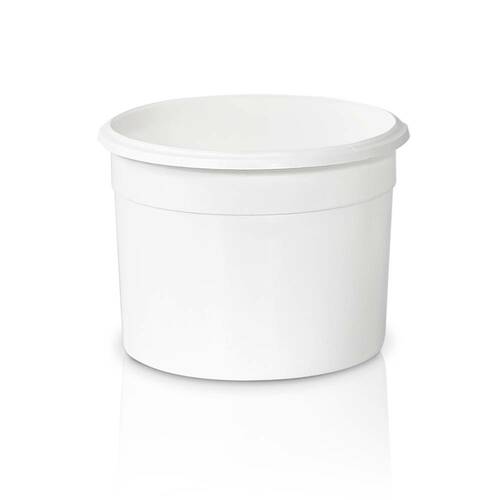 A plain, white, round plastic container with a slightly flared rim, shown against a white background.