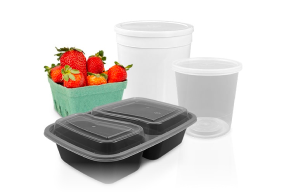 Assorted food containers including a black plastic takeout box with lids, two clear tubs, and a green carton filled with fresh strawberries, all set against a white background.