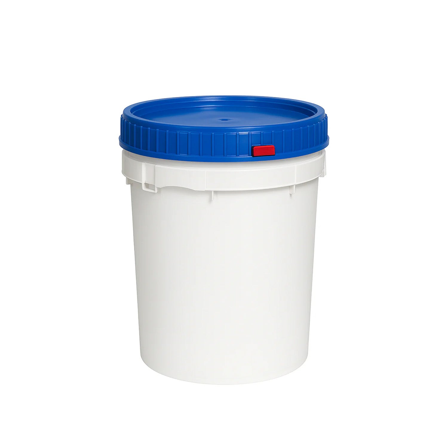The 10.7 Gallon 140 Mil UN-Rated Bucket (1H2/Y48/S) features white plastic construction, a blue screw-on lid, and a small red locking tab, shown against a plain white background. Pack includes 1 bucket with lid.