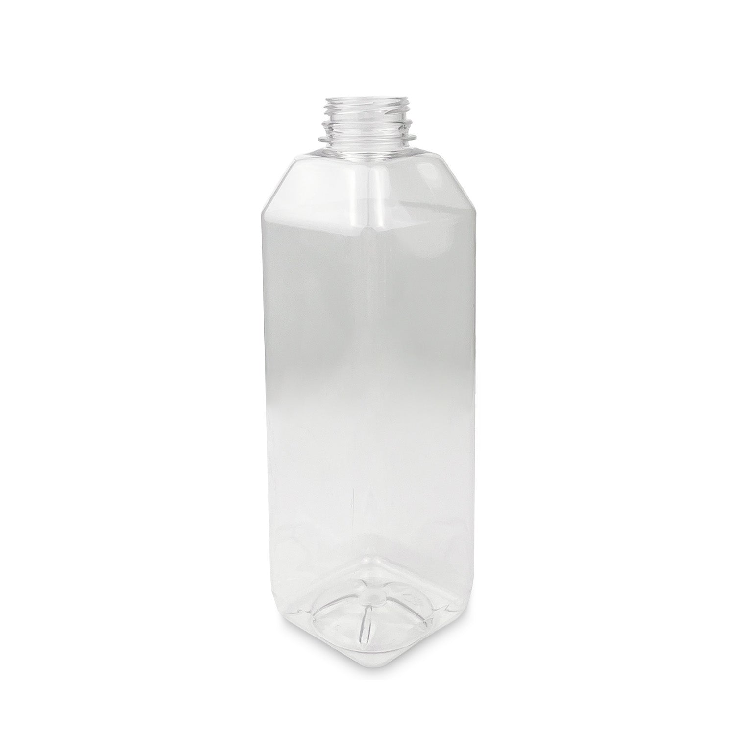 A case of 100 clear, BPA-free, food-grade square plastic bottles (4 oz. to 32 oz.) with screw-top openings is shown standing upright on a white background.