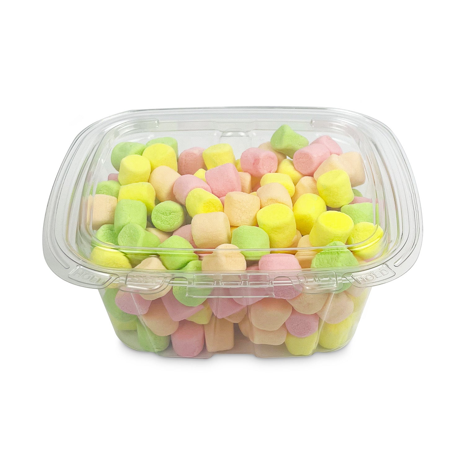 A 16 oz. Crystal Seal tamper-evident container, case of 210, is shown filled with pastel pink, yellow, green, and peach marshmallows against a white background.