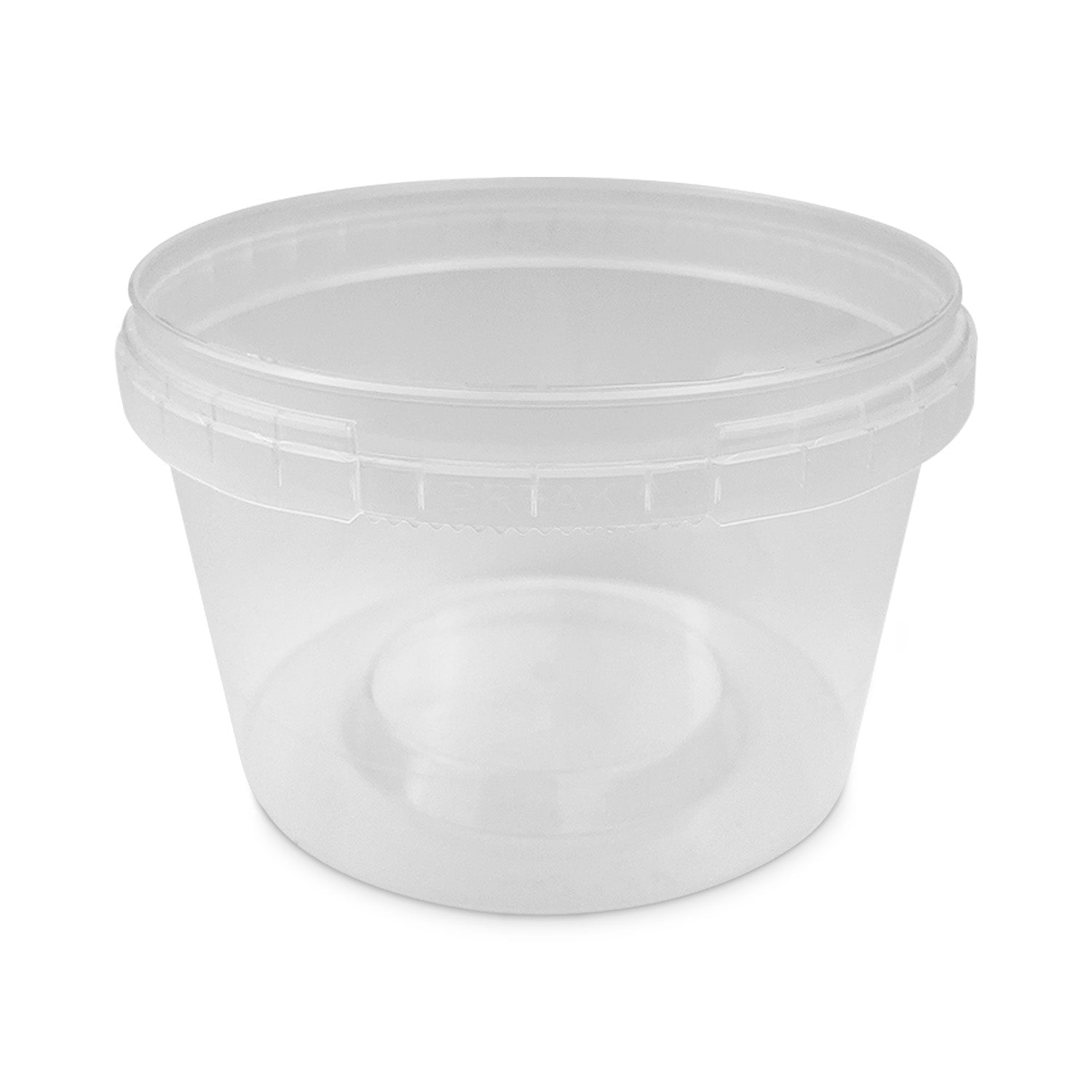 A 16 oz. BPA-free, food-grade, tamper-resistant round plastic container with matching lid from a case of 500 is shown on a white background.