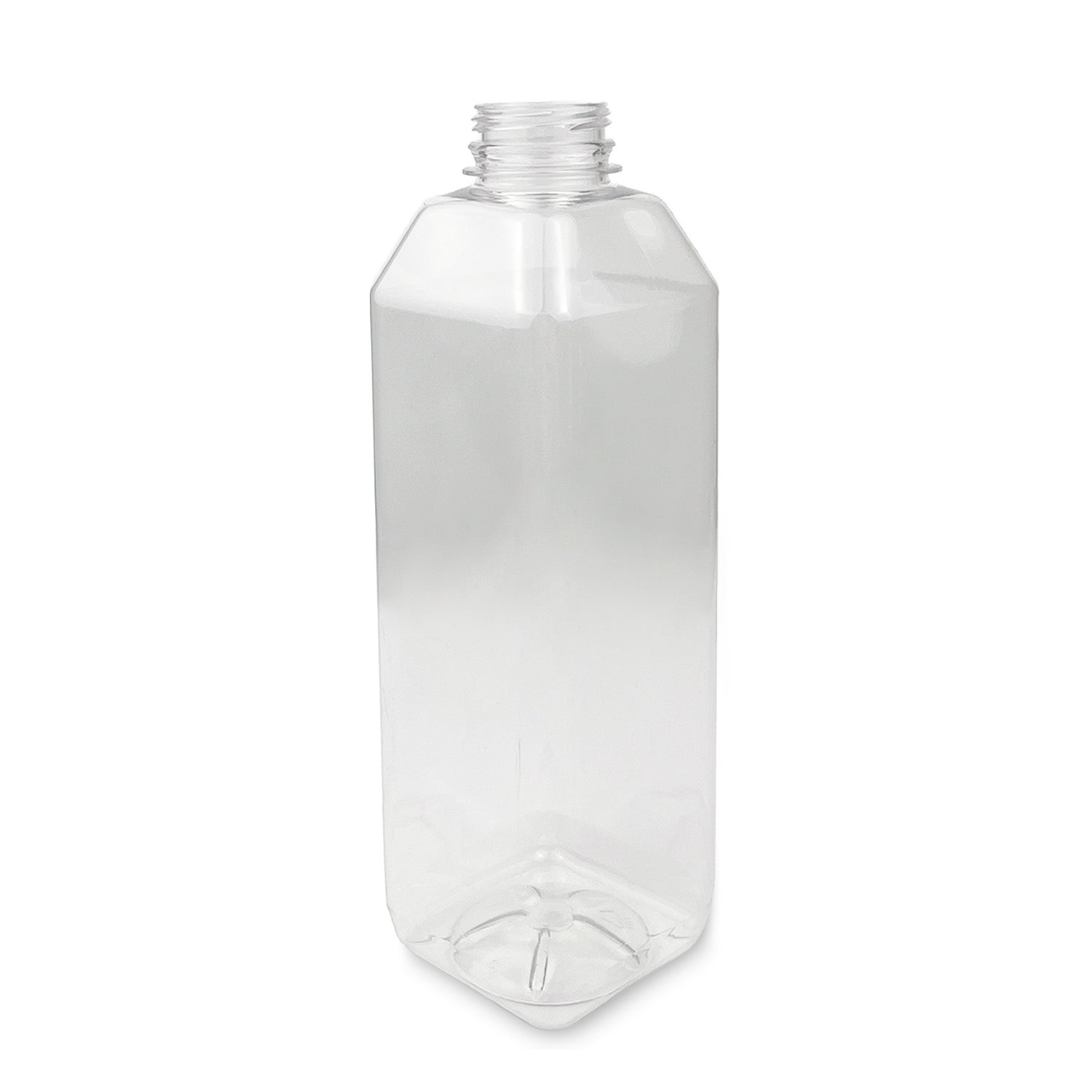 A case of 100 clear, BPA-free, food-grade square bottles (4 oz. to 32 oz.), each with a wide threaded neck, stands upright on a white background.