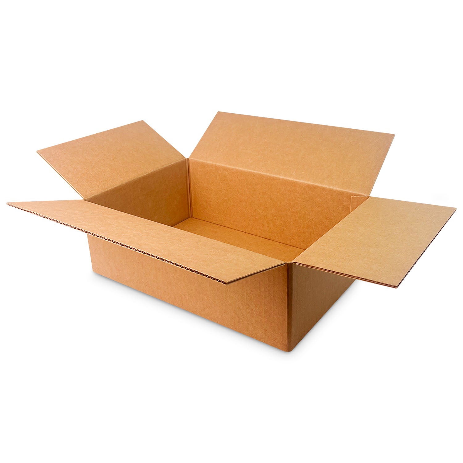 An 18x12x6 Corrugated Box (32 ECT) from a case of 25, plain and brown with four flaps open, displayed on a white background.