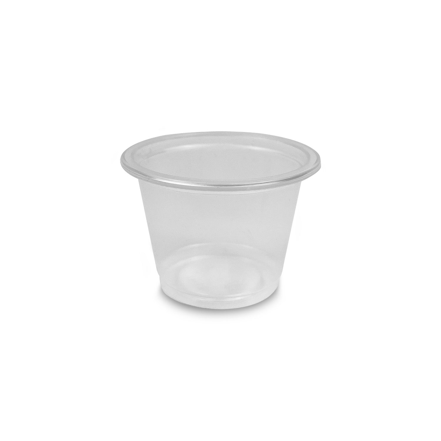 A 1 oz. BPA-Free Food-Grade Transparent Portion Cup from a 500-pack case sits empty on a plain white background.
