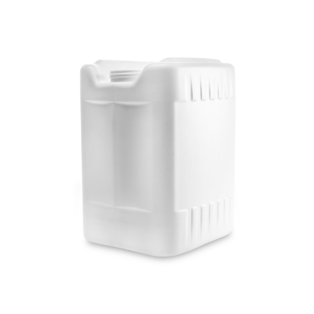 The 2.5 Gallon UN-Rated Rectangular Tight Head features a white plastic body, built-in top handle, ribbed side texture, and screw cap. Shown on a plain white background; sold as 1 count.