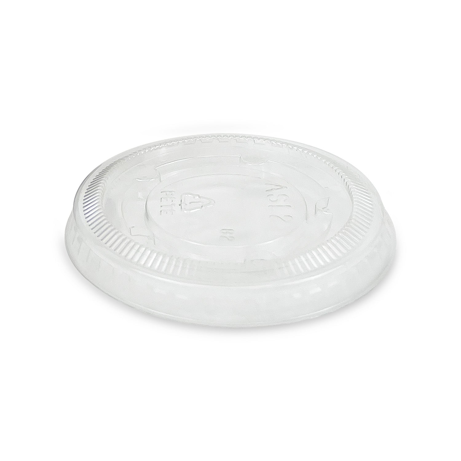 The 2 oz. BPA-Free Food-Grade Clear Portion Cup Lids (Case of 500) are round plastic lids with a raised edge and recycling symbol, designed to fit securely on disposable cups or containers.