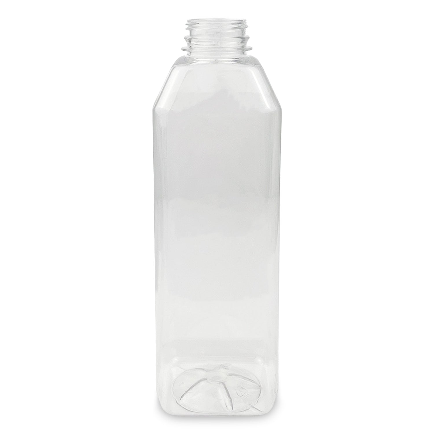 A case of 100 BPA-free, food-grade square bottles (4 oz. to 32 oz.), clear and empty with threaded necks, shown upright against a white background.