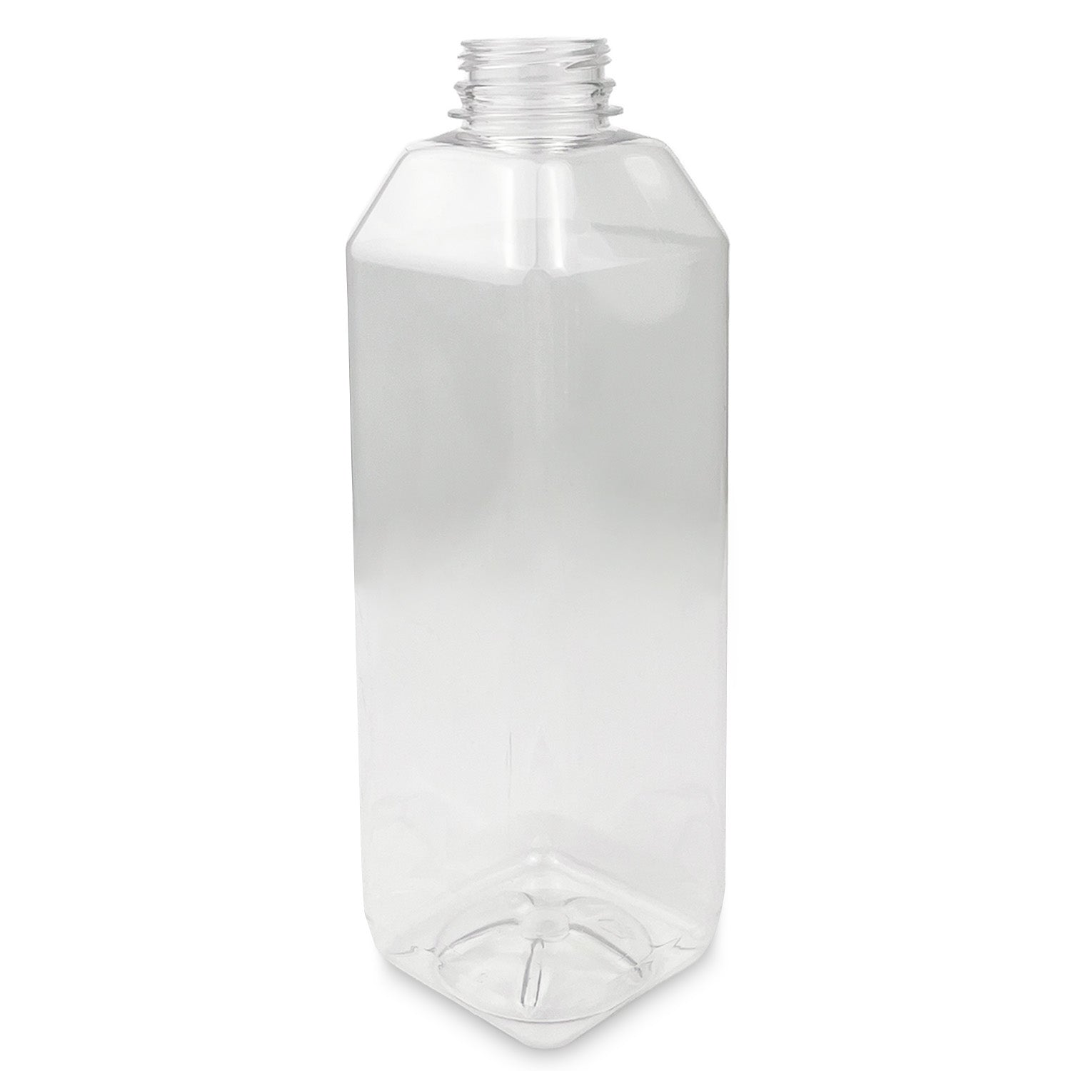 A case of 100 BPA-free, food-grade square bottles (4 oz. to 32 oz.), each clear, empty, and plastic with a screw-top opening, is shown upright on a white background.