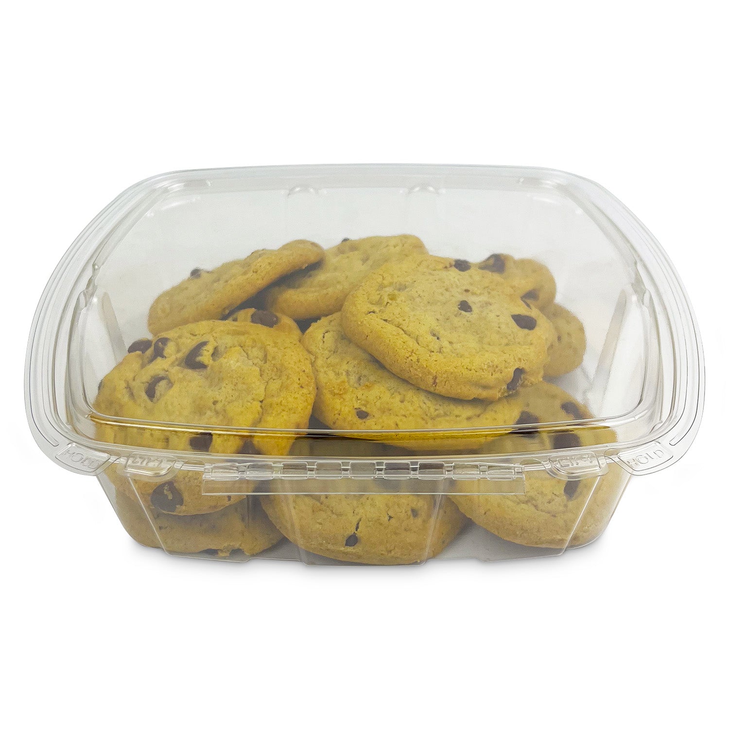 A 48 oz. Crystal Seal Tamper-Evident Container (case of 140) holds golden brown chocolate chip cookies, stacked inside with the lid securely closed.