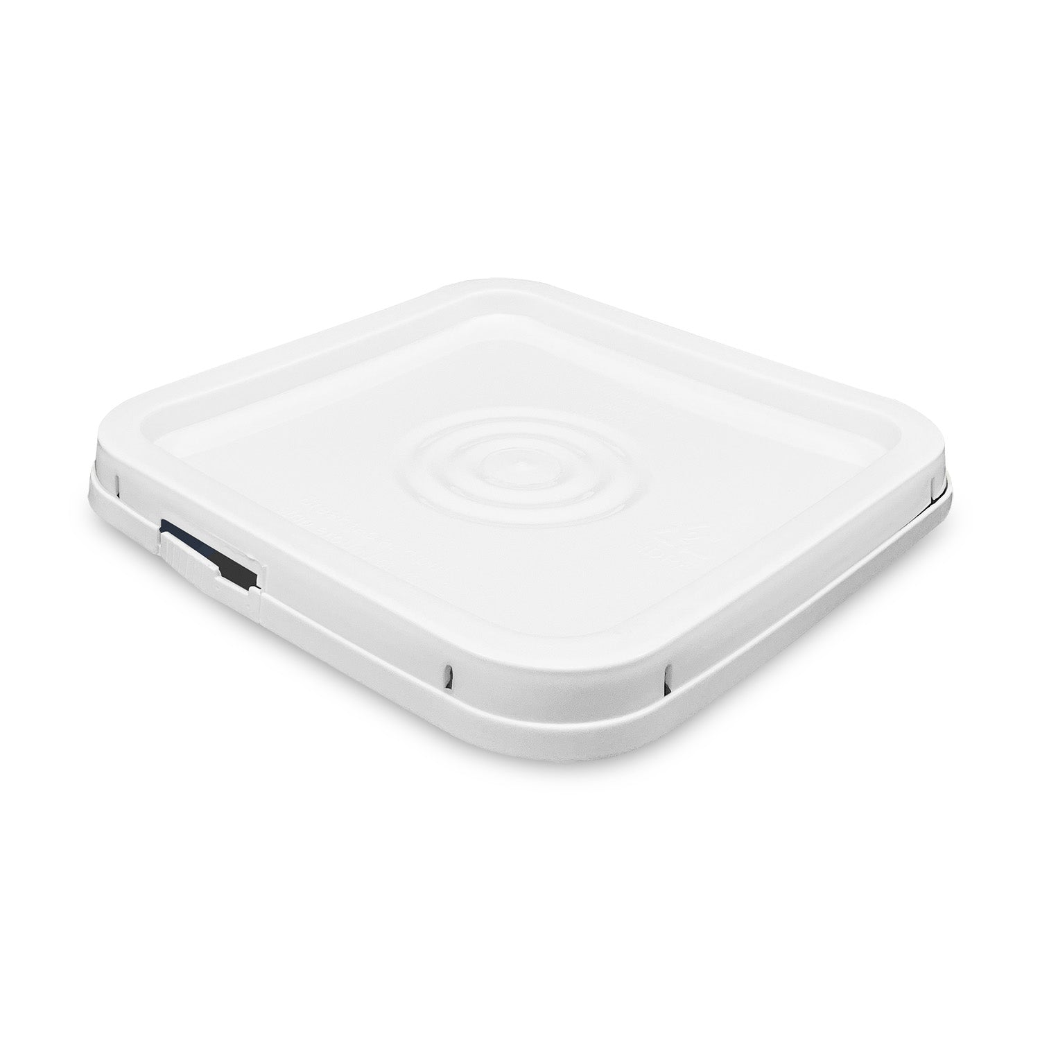 A BPA-free, food-grade white square lid (LQ4SQFIGTS) for 4-gallon buckets, featuring rounded edges and a raised circular center pattern, is shown lying flat against a white background.