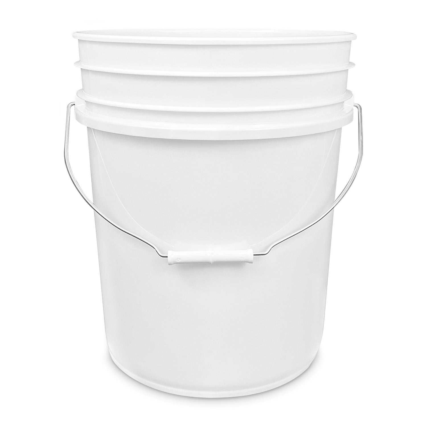 A 5 Gallon BPA-free food-grade plastic bucket (100 mil) with a metal handle and white plastic grip, shown on a white background.