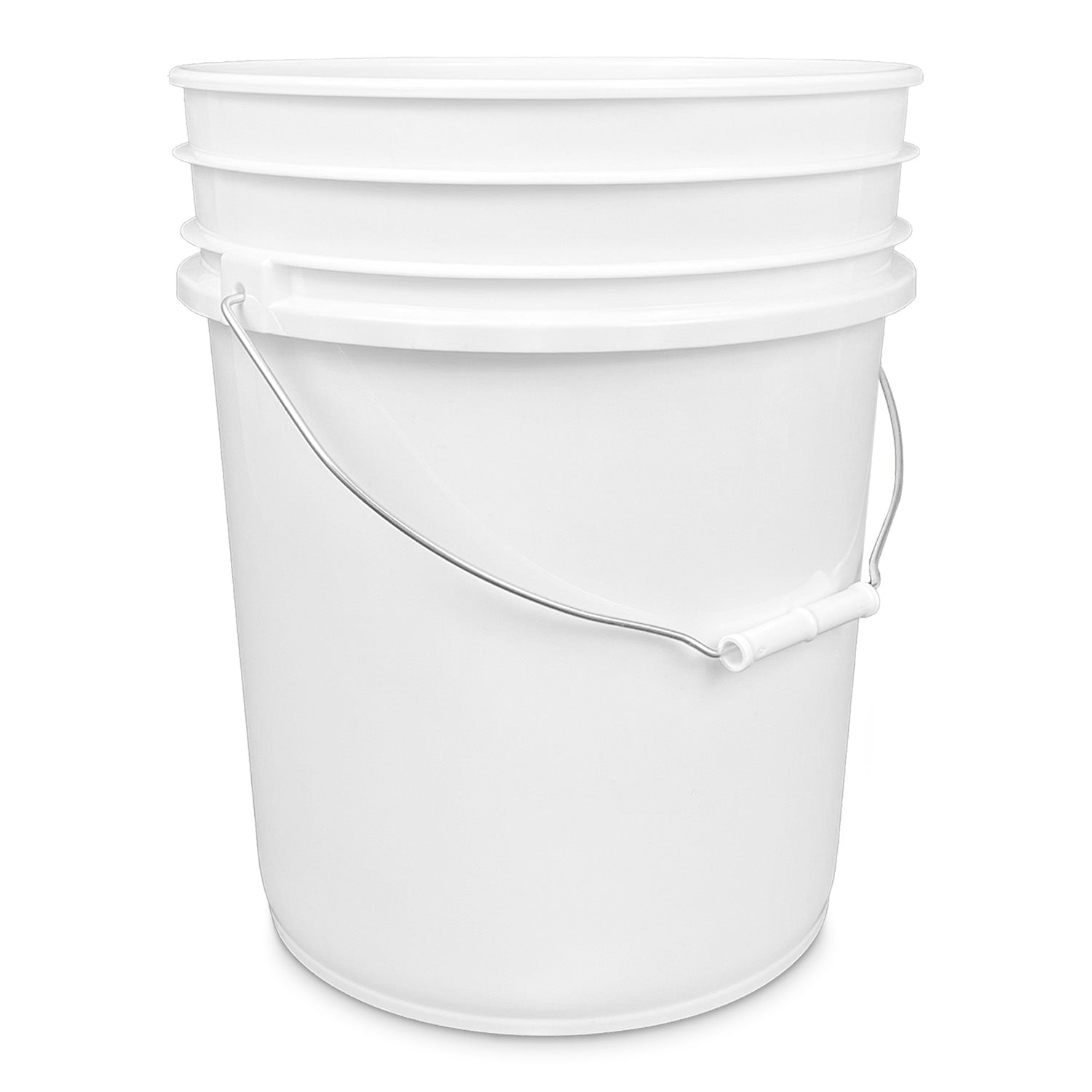 A 5 Gallon BPA-Free food-grade plastic bucket (100 Mil), featuring a metal handle with a white plastic grip, is shown on a white background.